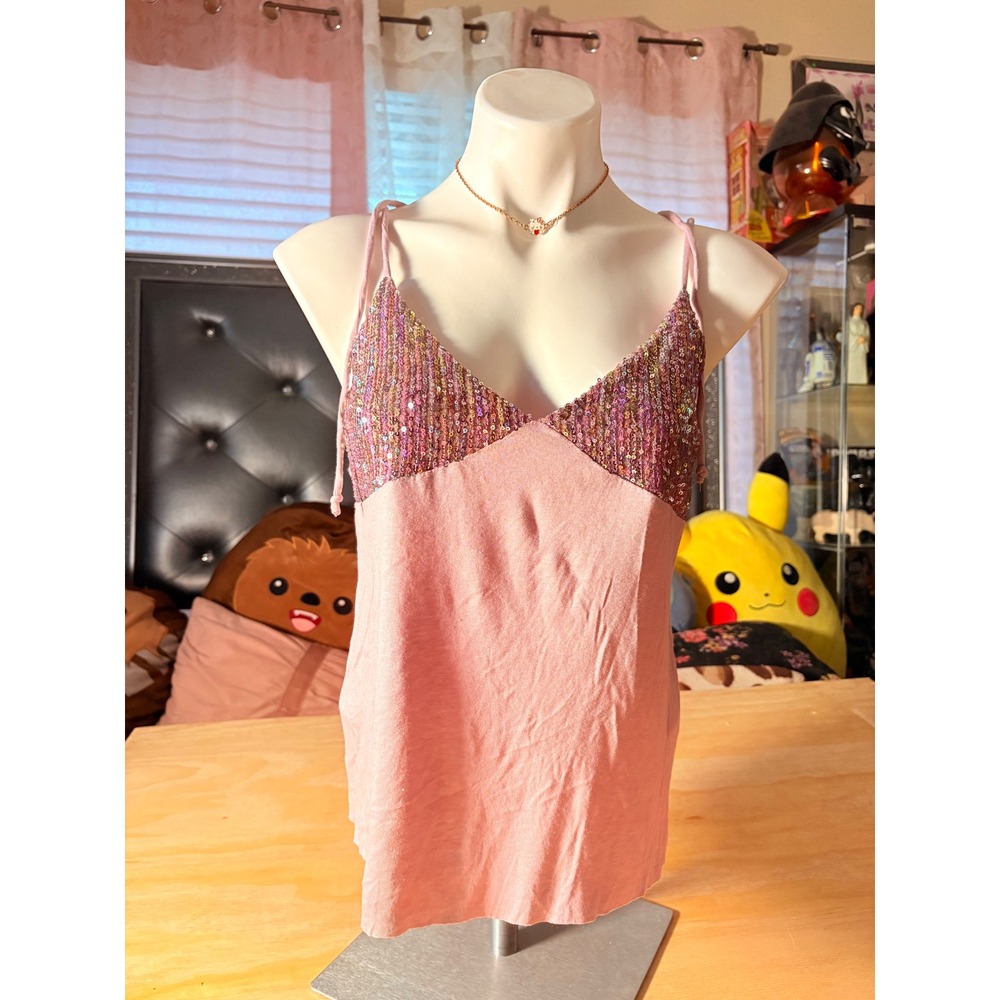 Y2K Time After Time Pink Purple Sequin Camisole Tie Back Tank Top Small